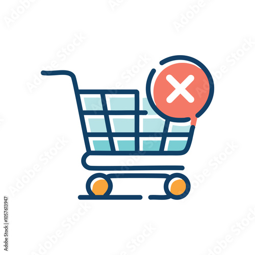 Cart cancellation icon. Shopping cart with a red X, symbolizing order rejection, failed transaction, or purchase cancellation.  Illustrates online shopping problems.