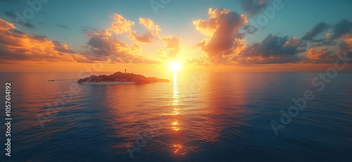 stunning sunset over tranquil sea, with vibrant colors reflecting on water surface. scene captures beauty of nature, featuring small island and lighthouse in distance