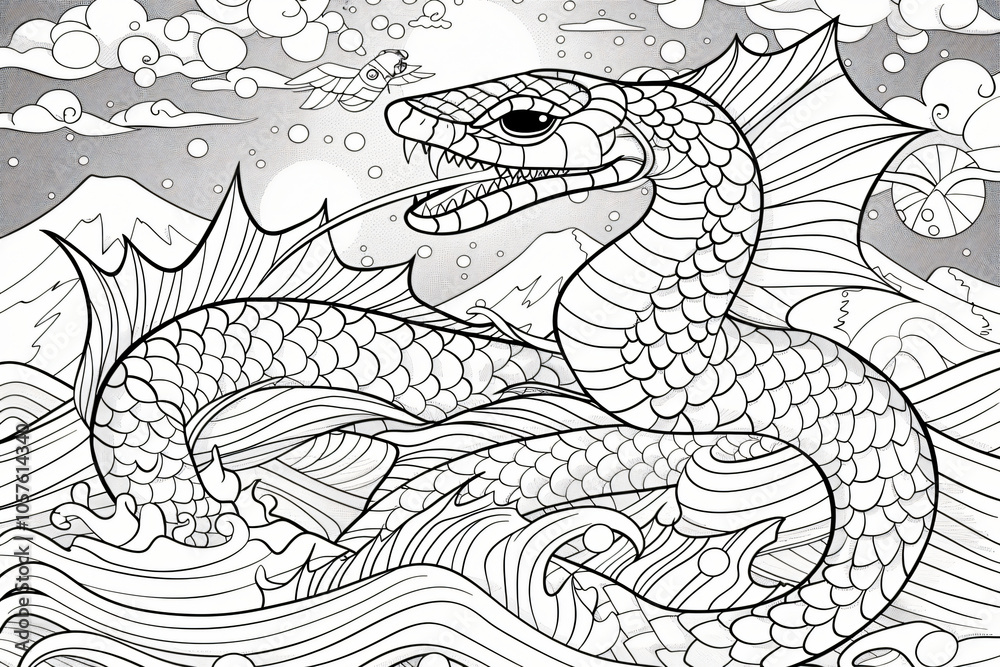 coloring page of mystical sea serpent emerging from stormy waves, simple line art