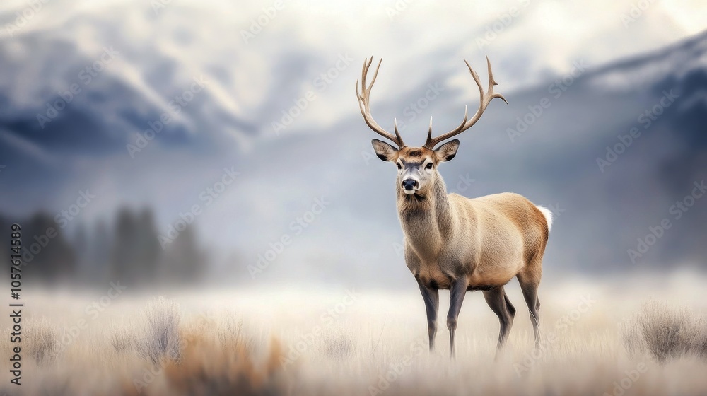 A majestic deer walks through a misty field at dawn in a serene natural landscape A majestic deer walks through a misty field at dawn in a serene natural landscape