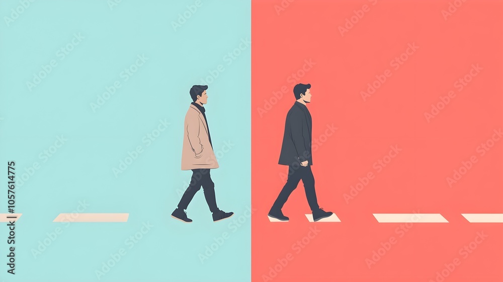 Fototapeta premium Two Men Walking In Opposite Directions On A White Line Divided By A Red And Blue Background