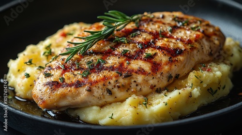 Grilled chicken breast served with creamy mashed potatoes, accented by fragrant rosemary for a delightful culinary experience