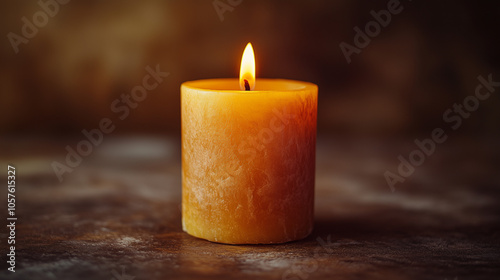 Simple orange candle with warm flame against dark background