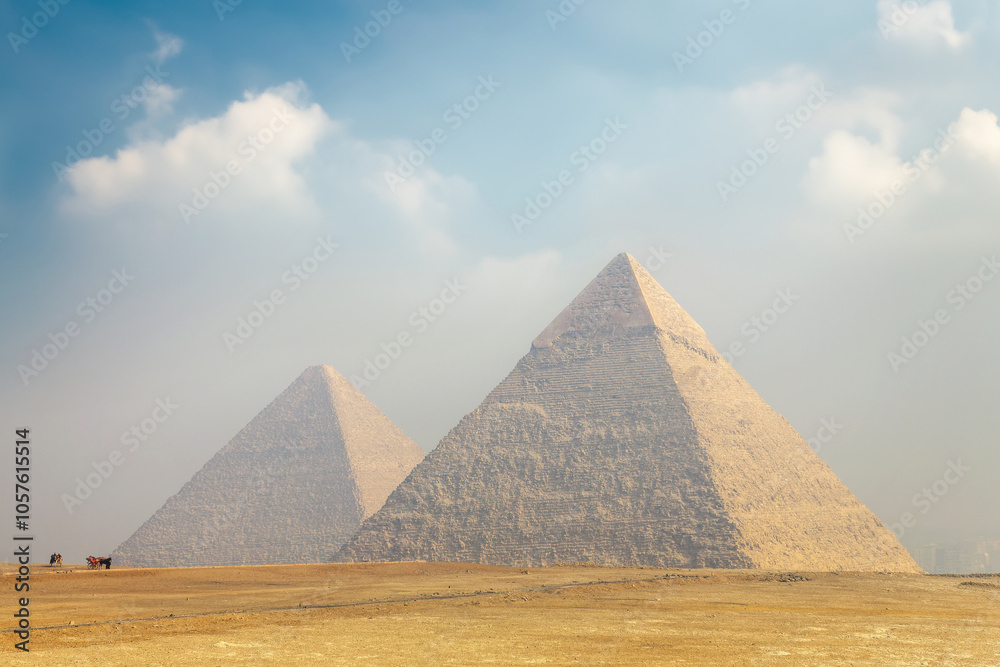 View of the ancient egyptian pyramids of Cheaps (or Khufu) and Khafre in Giza near Cairo, Egypt