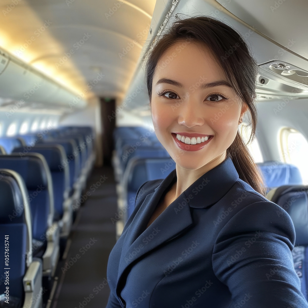 photo of a Confident and friendly flight attendant in uniform, smiling in an airplane cabin photo of a Confident and friendly flight attendant in uniform, smiling in an airplane cabin