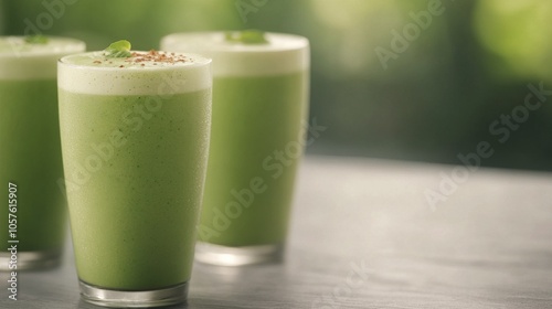 Refreshing green smoothie with cucumber, mint, and raspberry on a sunny outdoor table