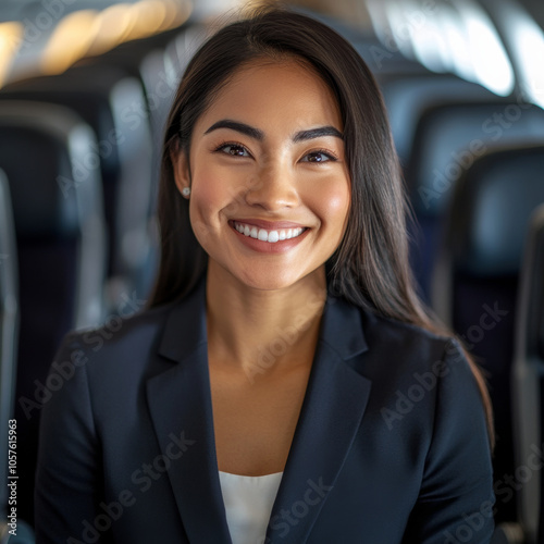 photo of a Confident and friendly flight attendant in uniform, smiling in an airplane cabin