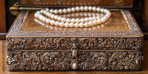 A vintage jewelry box with ornate details, showcasing its contents of pearls and gemstones photo