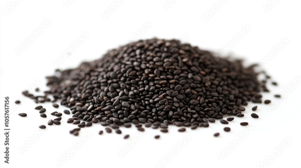 Black organic sesame seeds on a white background Black organic sesame seeds on a white background