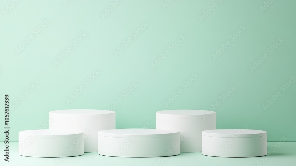 Multiple white round podiums set against a light green backdrop ideal for showcasing products in photography Multiple white round podiums set against a light green backdrop ideal for showcasing products in photography