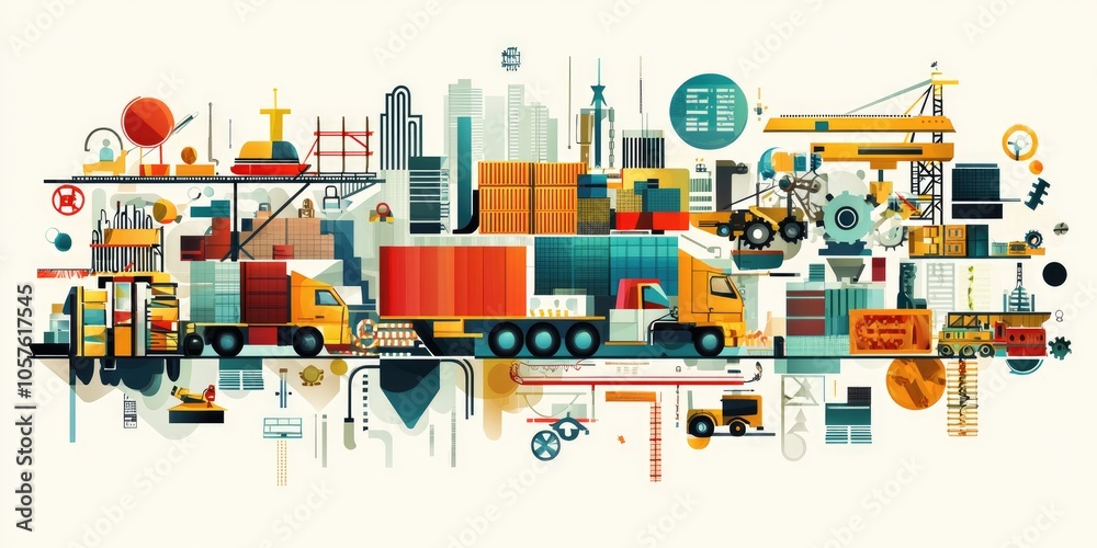 An abstract vector image combining different logistic elements, including trucks, warehouses, and technology, in a creative layout. An abstract vector image combining different logistic elements, including trucks, warehouses, and technology, in a creative layout.
