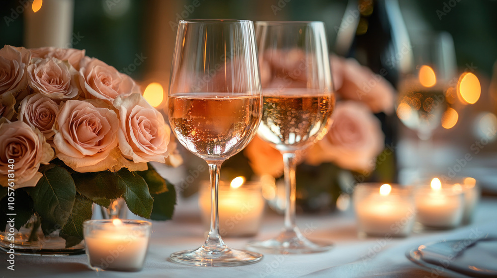 Classic candlelit dinner setup, roses and wine, elegant and romantic atmosphere Classic candlelit dinner setup, roses and wine, elegant and romantic atmosphere