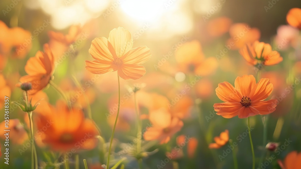 Vibrant orange cosmos blossoms in a sunny field during summer Vibrant orange cosmos blossoms in a sunny field during summer