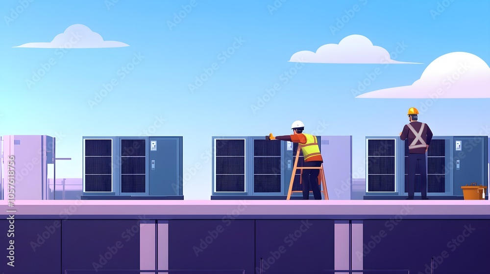 Fototapeta premium HVAC Technicians Inspecting Rooftop Units