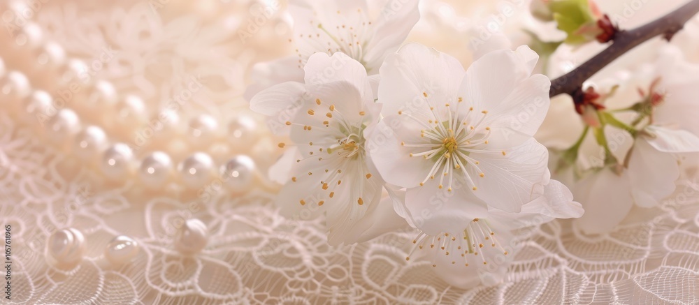 White Spring Cherry Tree Flower With Pearls On Lace Background White Spring Cherry Tree Flower With Pearls On Lace Background
