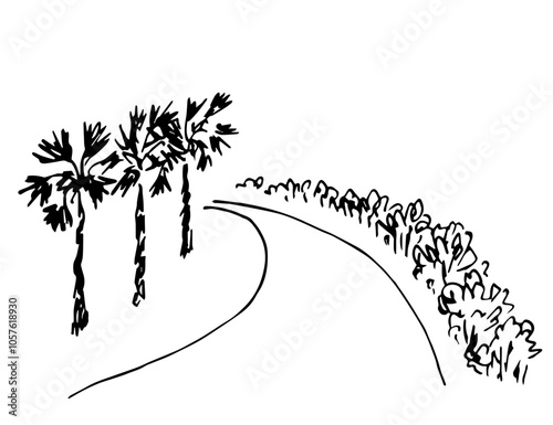 Hand drawn vector illustration with black outline. A turn in the road, palm trees and bushes on the side of the road. Trip, journey. Sketch in ink.