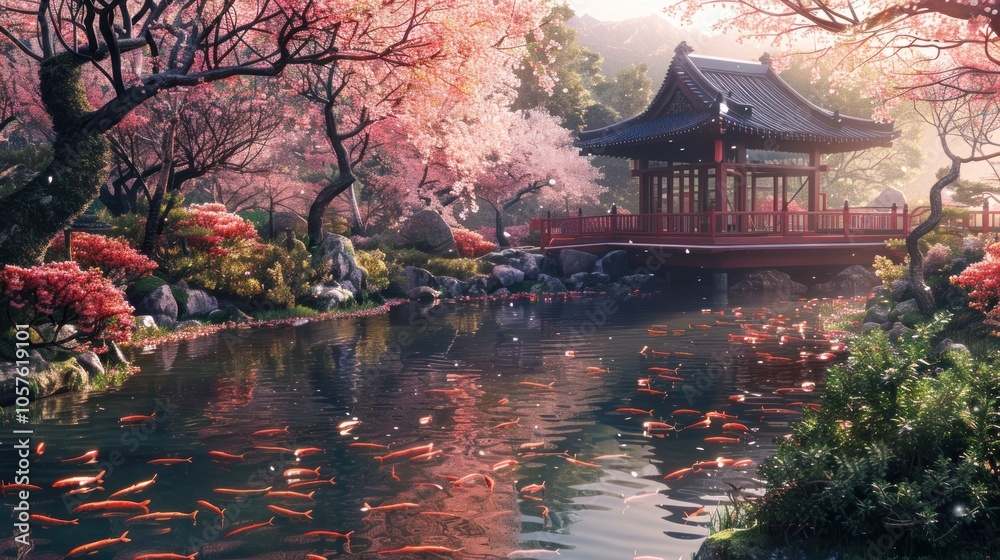 A serene Japanese-style garden with a pond, colorful trees, a pavilion, and fish. Pink blossoms and calm water. A serene Japanese-style garden with a pond, colorful trees, a pavilion, and fish. Pink blossoms and calm water.