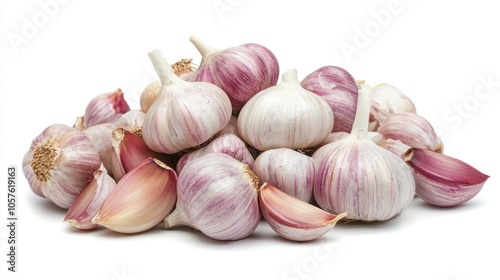 Close up view of fresh organic garlic cloves and bulbs for culinary use presented against a white background photo