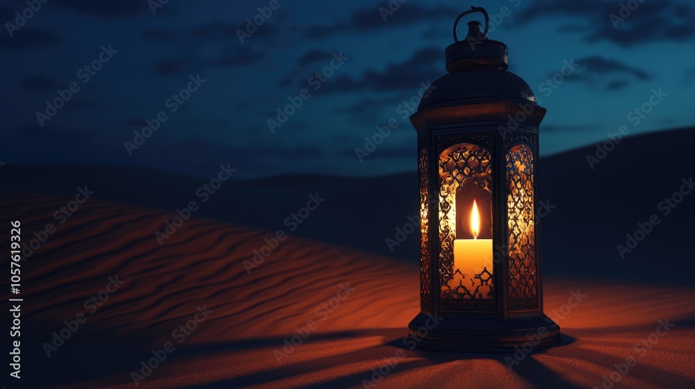 Lantern in a dark desert setting Traditional candle symbolizing a sacred month of fasting in the Muslim culture Lantern in a dark desert setting Traditional candle symbolizing a sacred month of fasting in the Muslim culture