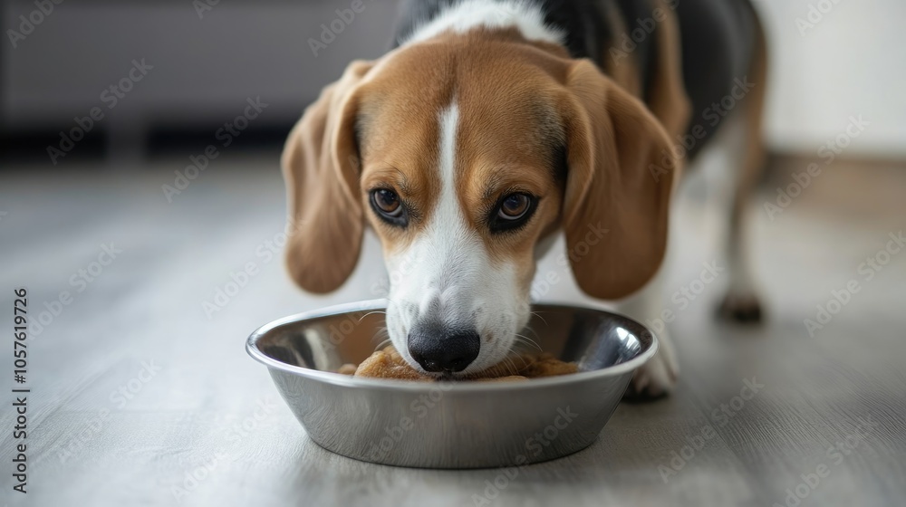 Joyful dog enjoying a bowl of food indoors Provides nutritious and balanced meals for pets Joyful dog enjoying a bowl of food indoors Provides nutritious and balanced meals for pets