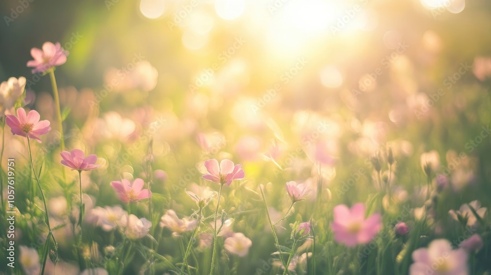 Softly blurred flower blooms in a sunlit grassy field Softly blurred flower blooms in a sunlit grassy field