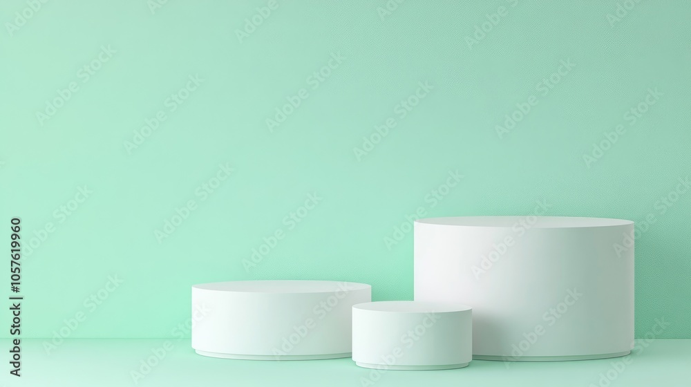 Multiple white round podiums set against a light green backdrop ideal for showcasing products in photography Multiple white round podiums set against a light green backdrop ideal for showcasing products in photography