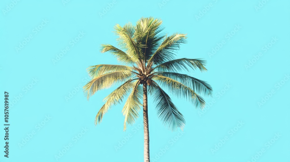 Fototapeta premium Coconut palm tree against a bright blue sky set in a retro style perfect for a travel themed design