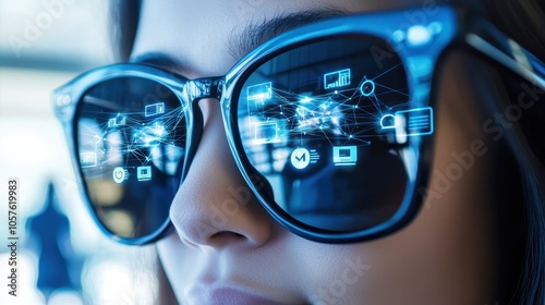 A close-up of a person wearing futuristic sunglasses that display digital icons, highlighting the fusion of technology and fashion.