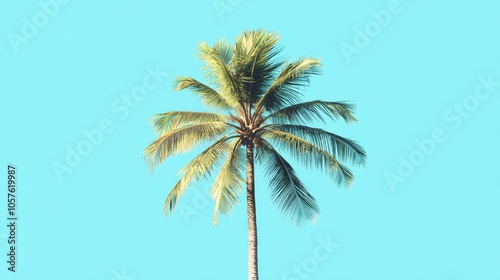 Coconut palm tree against a bright blue sky set in a retro style perfect for a travel themed design