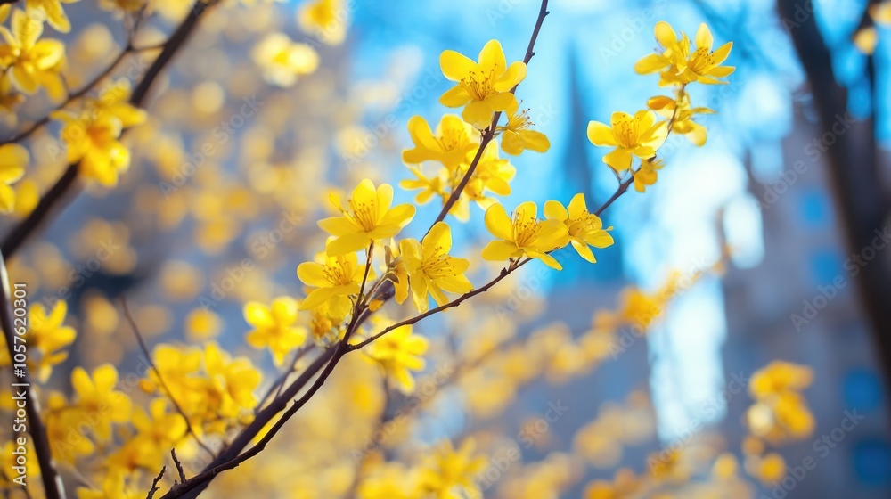 Yellow blossoms with architecture visible in the backdrop Yellow blossoms with architecture visible in the backdrop