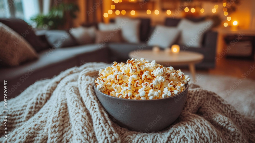 Cozy living room with a family watching movies together, blankets and popcorn, joyful atmosphere Cozy living room with a family watching movies together, blankets and popcorn, joyful atmosphere