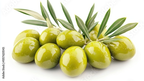 Green olives on an olive branch set against a white background