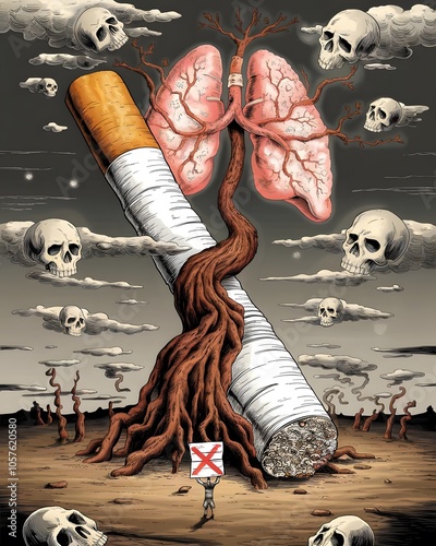 Surreal Transformation of Cigarette to Tree of Lungs in Smoky Wasteland