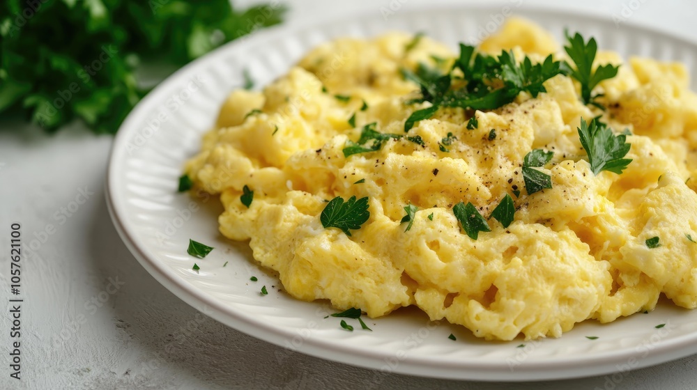 Scrambled eggs with fresh green herbs and parsley served on a white plate atop a neutral background table Scrambled eggs with fresh green herbs and parsley served on a white plate atop a neutral background table