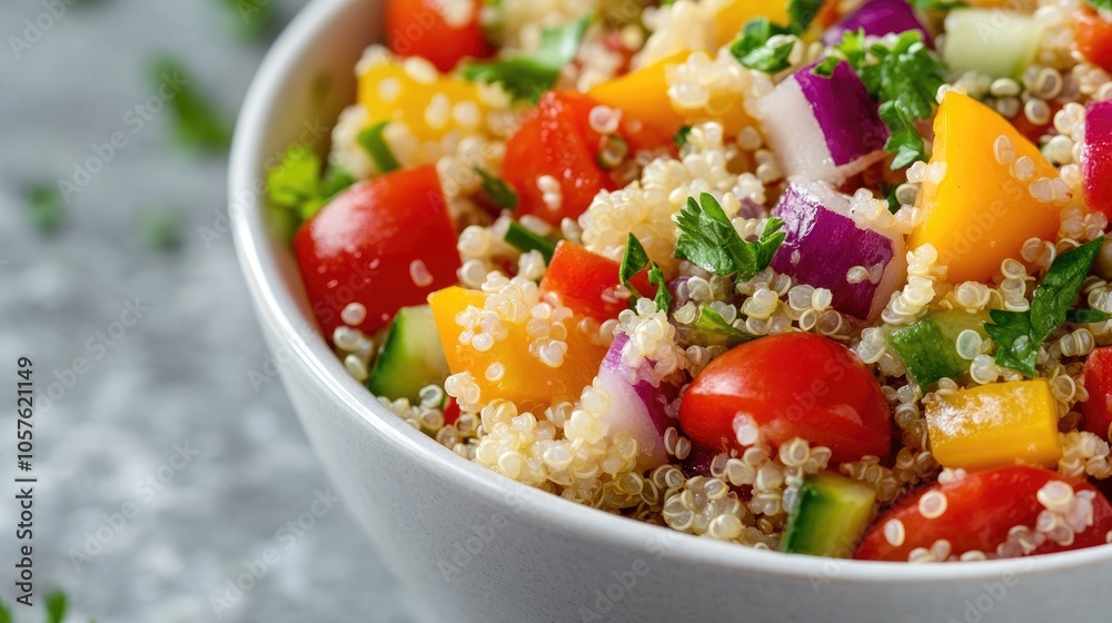 Close up of a quinoa salad featuring vibrant fresh vegetables in a white bowl Close up of a quinoa salad featuring vibrant fresh vegetables in a white bowl
