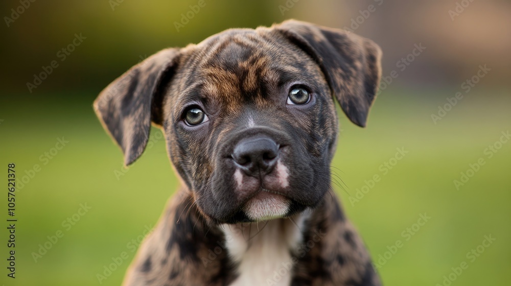 A close up image of a curious young brindle bulldog boxer mix puppy looking at the camera outdoors A close up image of a curious young brindle bulldog boxer mix puppy looking at the camera outdoors
