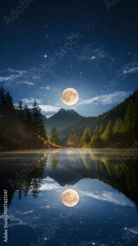 Serene Night Scene with Starry Sky and Full Moon Mobile Wallpaper