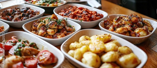 Tapas Selection Of Latin Dishes Chorizo Al Vino Higados De Pollo Chicken And Chorizo Tomates Al Ajillo Arroz Con Pollo Camarones Enchilhados Patatas A Ala Riojana And Stuffed Mushrooms