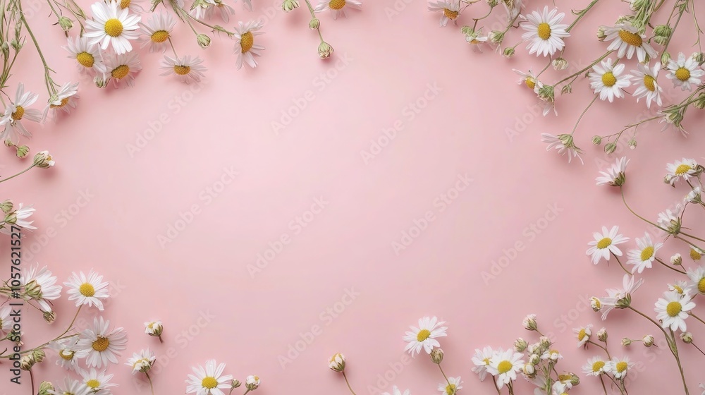 Pink backdrop featuring a chamomile frame Delicate chamomile daisy blooms on a soft pink surface Minimalist floral design ideal for summer or spring themes Flat lay with ample copy space Pink backdrop featuring a chamomile frame Delicate chamomile daisy blooms on a soft pink surface Minimalist floral design ideal for summer or spring themes Flat lay with ample copy space