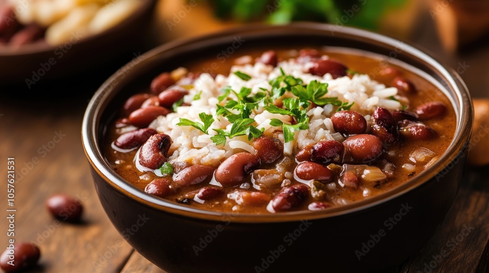 Savory Red Beans and Rice Prepared in a Slow Cooker a traditional festive dish Savory Red Beans and Rice Prepared in a Slow Cooker a traditional festive dish