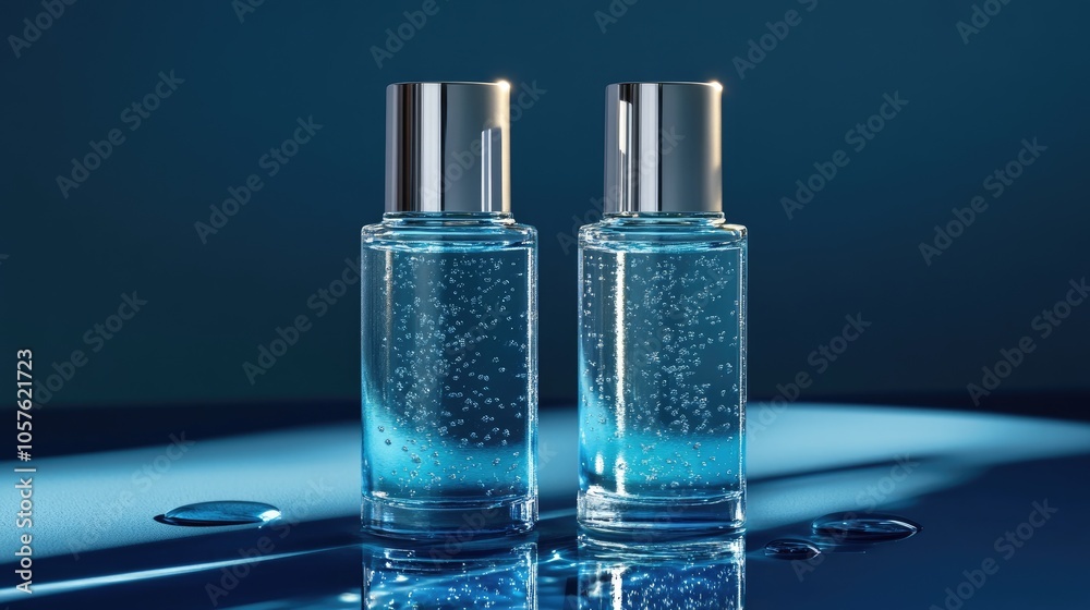 Two sophisticated cosmetic bottles with water droplets and reflections ideal for beauty product marketing skincare campaigns and upscale brand visuals Two sophisticated cosmetic bottles with water droplets and reflections ideal for beauty product marketing skincare campaigns and upscale brand visuals