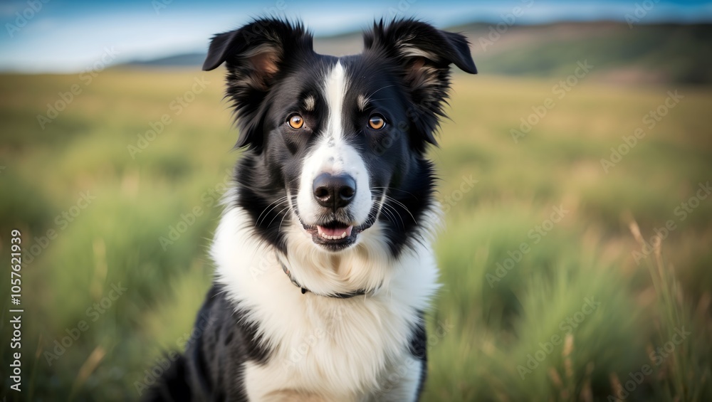 Intense Border Collie Staring in Open Grassland Intense Border Collie Staring in Open Grassland