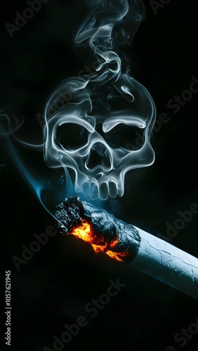 Close-Up of Smoking Cigarette with Skull-Shaped Smoke on Dark Background