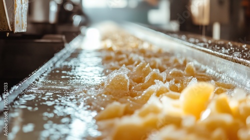 Fresh apple pulp is being transported on a conveyor belt inside a food processing factory, undergoing a crucial stage in the production of various apple based products