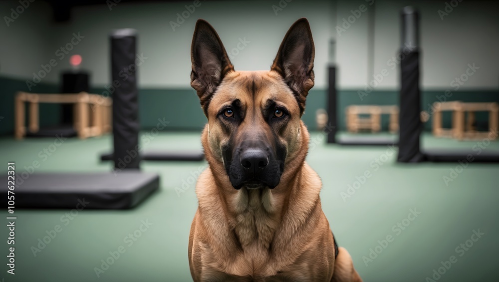 Intense Belgian Malinois in K9 Training Environment Intense Belgian Malinois in K9 Training Environment