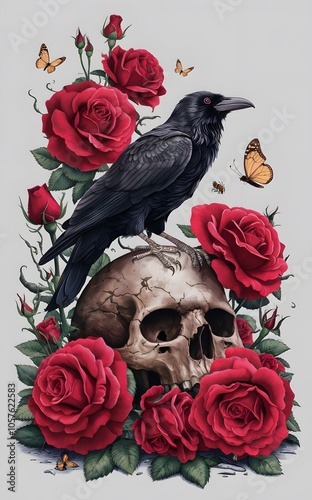 Raven and Skull with Roses and Butterflies in a White Background