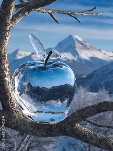 Crystal Ice Apple on Tree Branch with Snowy Mountain Background
