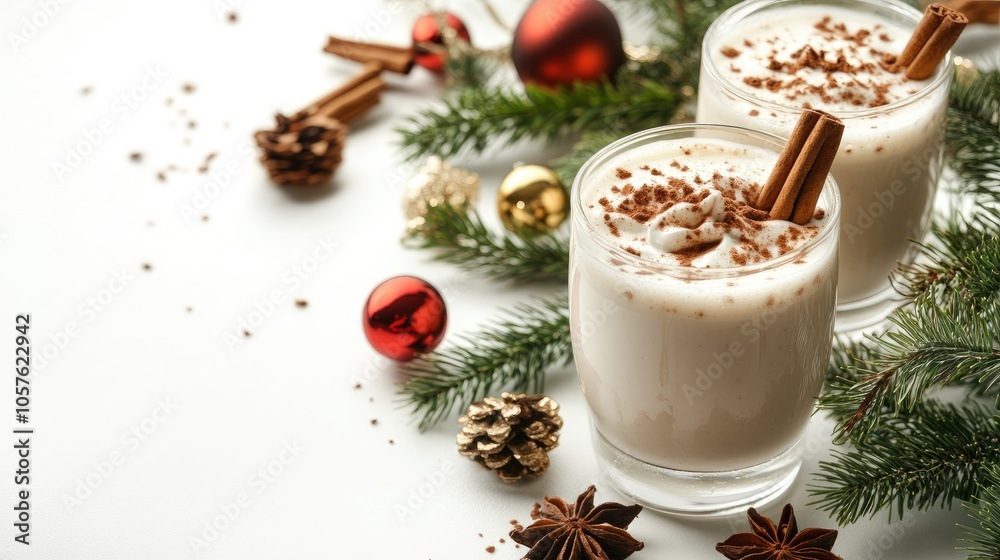 Eggnog with cinnamon in glasses on white background with garland Eggnog with cinnamon in glasses on white background with garland
