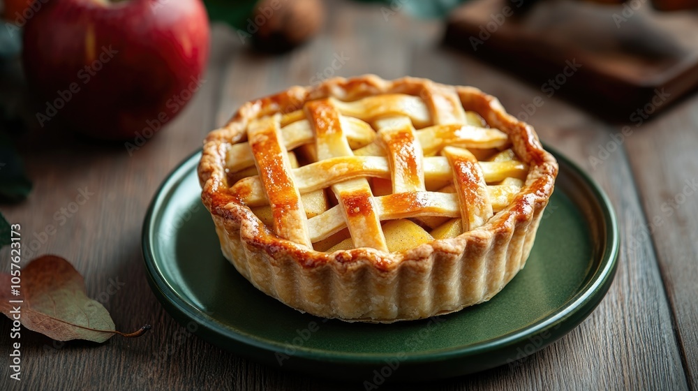 Homemade mini apple pie served on a green plate against a wooden backdrop Concept of healthy eating Homemade mini apple pie served on a green plate against a wooden backdrop Concept of healthy eating