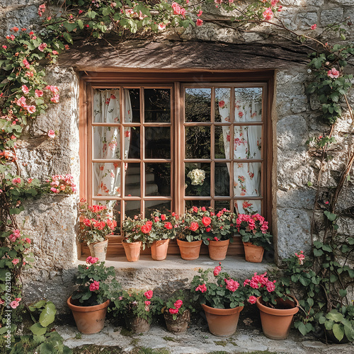 Charming Cottage-Style Window Featuring Small Square Panes Surrounded by Lush Greenery